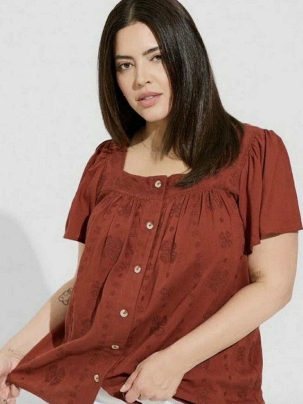 Torrid Square Neck Embroidered Flutter Short Sleeve Top 1X